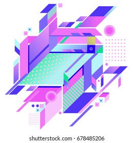Trendy geometrical vector illustration with elements and abstract colorful textures. Design for summer holiday poster, card, brochure, and promotion template. Fashion art print and background.