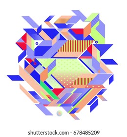 Trendy geometrical vector illustration with elements and abstract colorful textures. Design for summer holiday poster, card, brochure, and promotion template. Fashion art print and background.