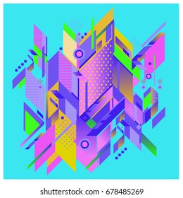 Trendy geometrical vector illustration with elements and abstract colorful textures. Design for summer holiday poster, card, brochure, and promotion template. Fashion art print and background.