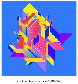Trendy geometrical vector illustration with elements and abstract colorful textures. Design for summer holiday poster, card, brochure, and promotion template. Fashion art print and background.