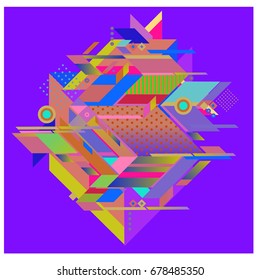 Trendy geometrical vector illustration with elements and abstract colorful textures. Design for summer holiday poster, card, brochure, and promotion template. Fashion art print and background.