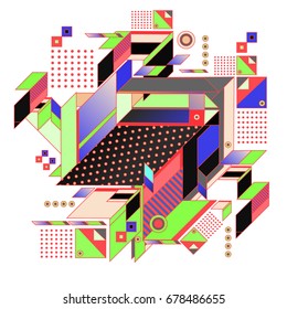 Trendy geometrical vector illustration with elements and abstract colorful textures. Design for summer holiday poster, card, brochure, and promotion template. Fashion art print and background.