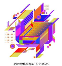 Trendy geometrical vector illustration with elements and abstract colorful textures. Design for summer holiday poster, card, brochure, and promotion template. Fashion art print and background.