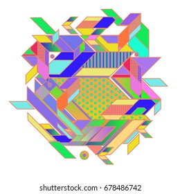 Trendy geometrical vector illustration with elements and abstract colorful textures. Design for summer holiday poster, card, brochure, and promotion template. Fashion art print and background.