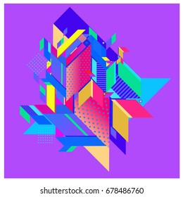Trendy geometrical vector illustration with elements and abstract colorful textures. Design for summer holiday poster, card, brochure, and promotion template. Fashion art print and background.