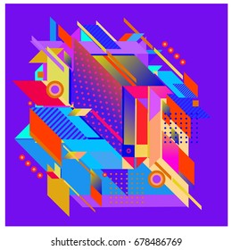 Trendy geometrical vector illustration with elements and abstract colorful textures. Design for summer holiday poster, card, brochure, and promotion template. Fashion art print and background.