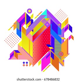 Trendy geometrical vector illustration with elements and abstract colorful textures. Design for summer holiday poster, card, brochure, and promotion template. Fashion art print and background.