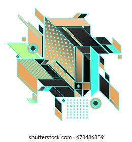 Trendy geometrical vector illustration with elements and abstract colorful textures. Design for summer holiday poster, card, brochure, and promotion template. Fashion art print and background.