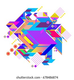 Trendy geometrical vector illustration with elements and abstract colorful textures. Design for summer holiday poster, card, brochure, and promotion template. Fashion art print and background.