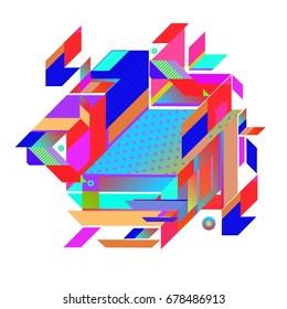 Trendy geometrical vector illustration with elements and abstract colorful textures. Design for summer holiday poster, card, brochure, and promotion template. Fashion art print and background.