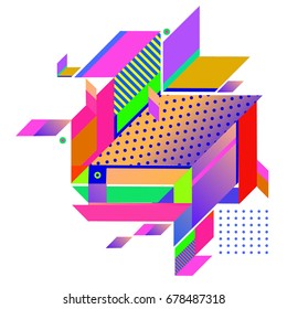 Trendy geometrical vector illustration with elements and abstract colorful textures. Design for summer holiday poster, card, brochure, and promotion template. Fashion art print and background.