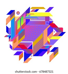 Trendy geometrical vector illustration with elements and abstract colorful textures. Design for summer holiday poster, card, brochure, and promotion template. Fashion art print and background.