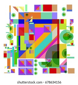 Trendy geometrical vector illustration with elements and abstract colorful textures. Design for summer holiday poster, card, brochure, and promotion template. Fashion art print and background.