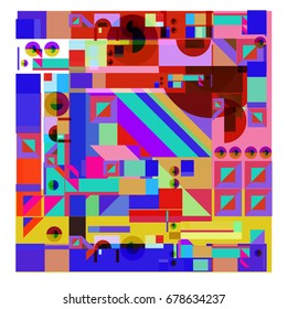 Trendy geometrical vector illustration with elements and abstract colorful textures. Design for summer holiday poster, card, brochure, and promotion template. Fashion art print and background.