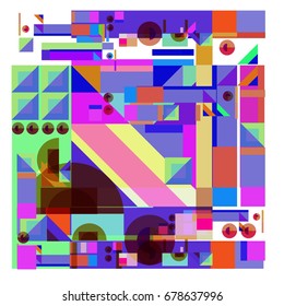 Trendy geometrical vector illustration with elements and abstract colorful textures. Design for summer holiday poster, card, brochure, and promotion template. Fashion art print and background.