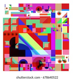 Trendy geometrical vector illustration with elements and abstract colorful textures. Design for summer holiday poster, card, brochure, and promotion template. Fashion art print and background.