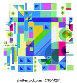 Trendy geometrical vector illustration with elements and abstract colorful textures. Design for summer holiday poster, card, brochure, and promotion template. Fashion art print and background.