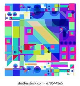 Trendy geometrical vector illustration with elements and abstract colorful textures. Design for summer holiday poster, card, brochure, and promotion template. Fashion art print and background.