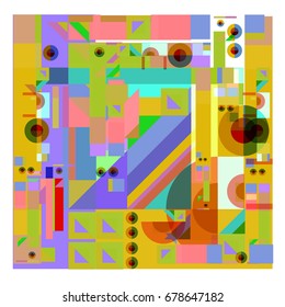 Trendy geometrical vector illustration with elements and abstract colorful textures. Design for summer holiday poster, card, brochure, and promotion template. Fashion art print and background.