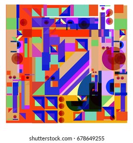 Trendy geometrical vector illustration with elements and abstract colorful textures. Design for summer holiday poster, card, brochure, and promotion template. Fashion art print and background.