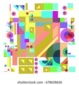 Trendy geometrical vector illustration with elements and abstract colorful textures. Design for summer holiday poster, card, brochure, and promotion template. Fashion art print and background.