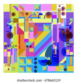 Trendy geometrical vector illustration with elements and abstract colorful textures. Design for summer holiday poster, card, brochure, and promotion template. Fashion art print and background.