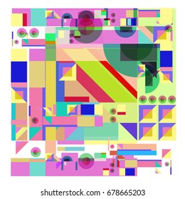 Trendy geometrical vector illustration with elements and abstract colorful textures. Design for summer holiday poster, card, brochure, and promotion template. Fashion art print and background.