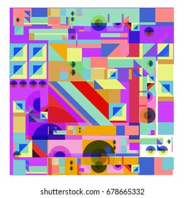 Trendy geometrical vector illustration with elements and abstract colorful textures. Design for summer holiday poster, card, brochure, and promotion template. Fashion art print and background.