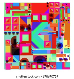 Trendy geometrical vector illustration with elements and abstract colorful textures. Design for summer holiday poster, card, brochure, and promotion template. Fashion art print and background.