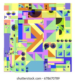 Trendy geometrical vector illustration with elements and abstract colorful textures. Design for summer holiday poster, card, brochure, and promotion template. Fashion art print and background.