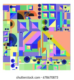 Trendy geometrical vector illustration with elements and abstract colorful textures. Design for summer holiday poster, card, brochure, and promotion template. Fashion art print and background.