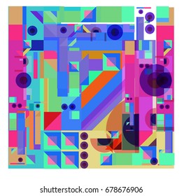 Trendy geometrical vector illustration with elements and abstract colorful textures. Design for summer holiday poster, card, brochure, and promotion template. Fashion art print and background.