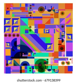 Trendy geometrical vector illustration with elements and abstract colorful textures. Design for summer holiday poster, card, brochure, and promotion template. Fashion art print and background.