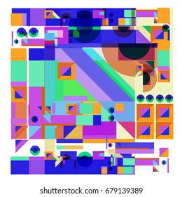 Trendy geometrical vector illustration with elements and abstract colorful textures. Design for summer holiday poster, card, brochure, and promotion template. Fashion art print and background.