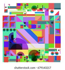 Trendy geometrical vector illustration with elements and abstract colorful textures. Design for summer holiday poster, card, brochure, and promotion template. Fashion art print and background.