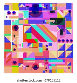 Trendy geometrical vector illustration with elements and abstract colorful textures. Design for summer holiday poster, card, brochure, and promotion template. Fashion art print and background.