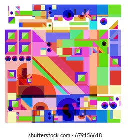 Trendy geometrical vector illustration with elements and abstract colorful textures. Design for summer holiday poster, card, brochure, and promotion template. Fashion art print and background.