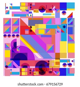 Trendy geometrical vector illustration with elements and abstract colorful textures. Design for summer holiday poster, card, brochure, and promotion template. Fashion art print and background.