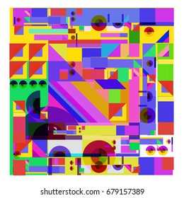 Trendy geometrical vector illustration with elements and abstract colorful textures. Design for summer holiday poster, card, brochure, and promotion template. Fashion art print and background.