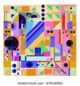 Trendy geometrical vector illustration with elements and abstract colorful textures. Design for summer holiday poster, card, brochure, and promotion template. Fashion art print and background.
