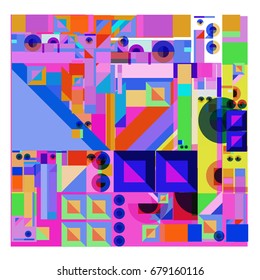 Trendy geometrical vector illustration with elements and abstract colorful textures. Design for summer holiday poster, card, brochure, and promotion template. Fashion art print and background.