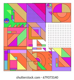 Trendy geometrical vector illustration with elements and abstract colorful textures. Design for summer holiday poster, card, brochure, and promotion template. Fashion art print and background.