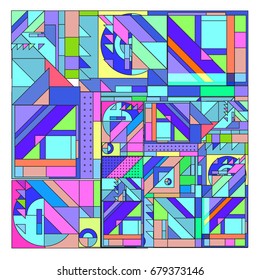 Trendy geometrical vector illustration with elements and abstract colorful textures. Design for summer holiday poster, card, brochure, and promotion template. Fashion art print and background.