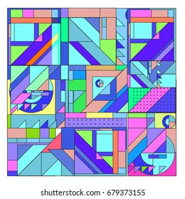 Trendy geometrical vector illustration with elements and abstract colorful textures. Design for summer holiday poster, card, brochure, and promotion template. Fashion art print and background.