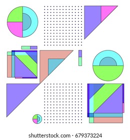 Trendy geometrical vector illustration with elements and abstract colorful textures. Design for summer holiday poster, card, brochure, and promotion template. Fashion art print and background.