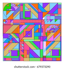 Trendy geometrical vector illustration with elements and abstract colorful textures. Design for summer holiday poster, card, brochure, and promotion template. Fashion art print and background.