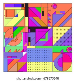 Trendy geometrical vector illustration with elements and abstract colorful textures. Design for summer holiday poster, card, brochure, and promotion template. Fashion art print and background.