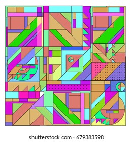 Trendy geometrical vector illustration with elements and abstract colorful textures. Design for summer holiday poster, card, brochure, and promotion template. Fashion art print and background.