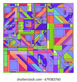 Trendy geometrical vector illustration with elements and abstract colorful textures. Design for summer holiday poster, card, brochure, and promotion template. Fashion art print and background.