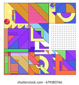 Trendy geometrical vector illustration with elements and abstract colorful textures. Design for summer holiday poster, card, brochure, and promotion template. Fashion art print and background.